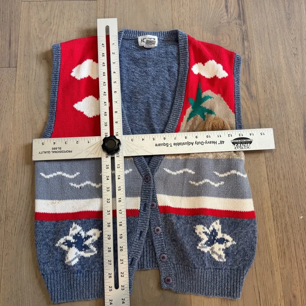 Vintage Koret Blue Beach Scene Knit Vest Sweater Button Up Size L‎